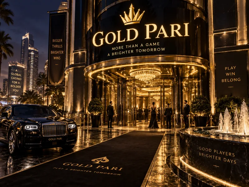 GoldPari kazino binosining hashamatli tashqi kirish qismi